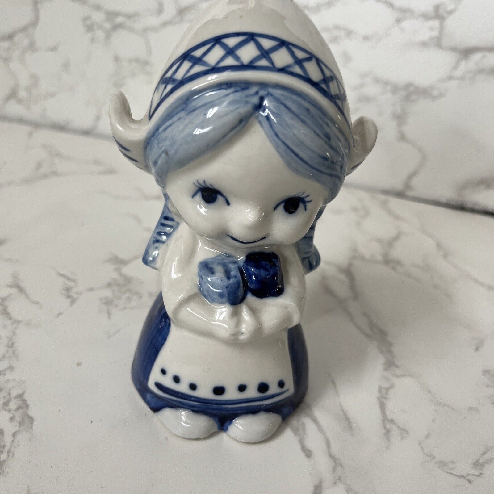Delft Blue Coin Bank Adorable Dutch Girl Hand painted Floral Blue White Dress 