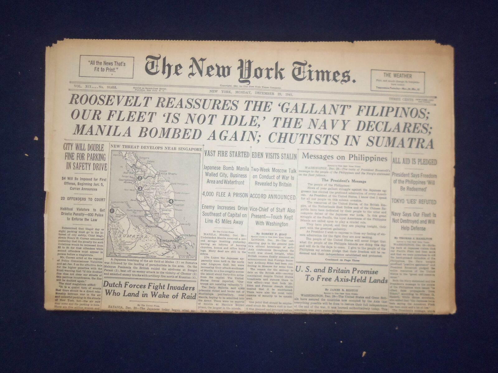 1941 DEC 29 NEW YORK TIMES -ROOSEVELT REASSURES THE 'GALLANT' FILIPINOS- NP 6492