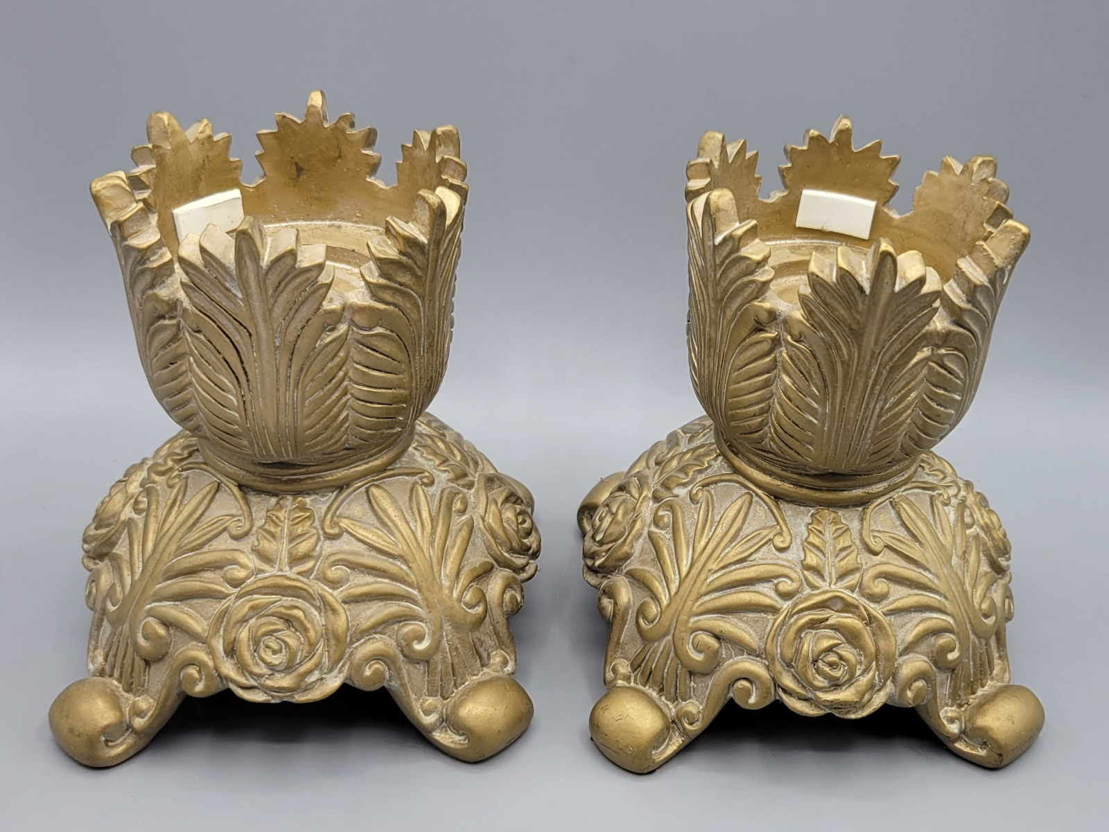 Vintage Gold Resin Pair of Victorian Style Decorative Candle Holders Leaf Design