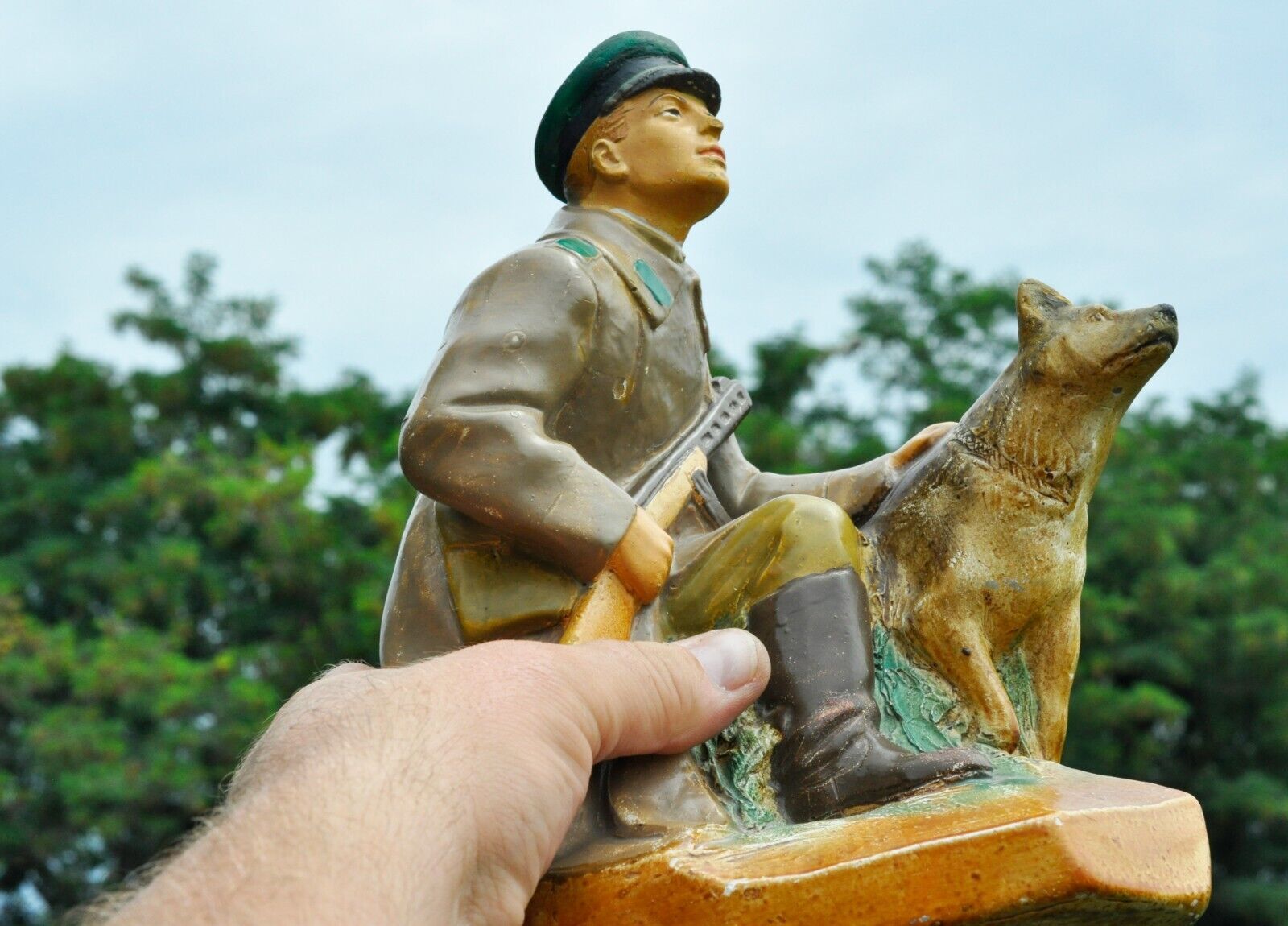 50s Large Vintage Military Figurine Border guard soldier dog gypsum USSR 