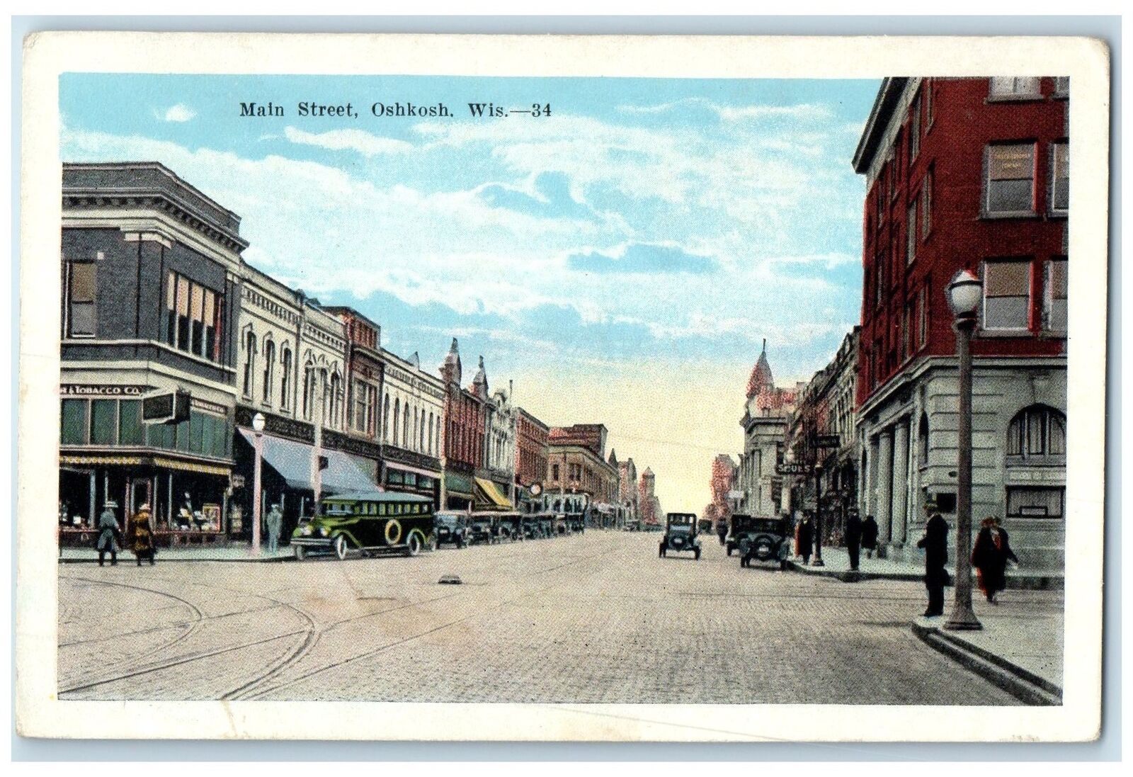 c1920\'s Main Street Classic Cars Van Intersection Oshkosh Wisconsin WI Postcard