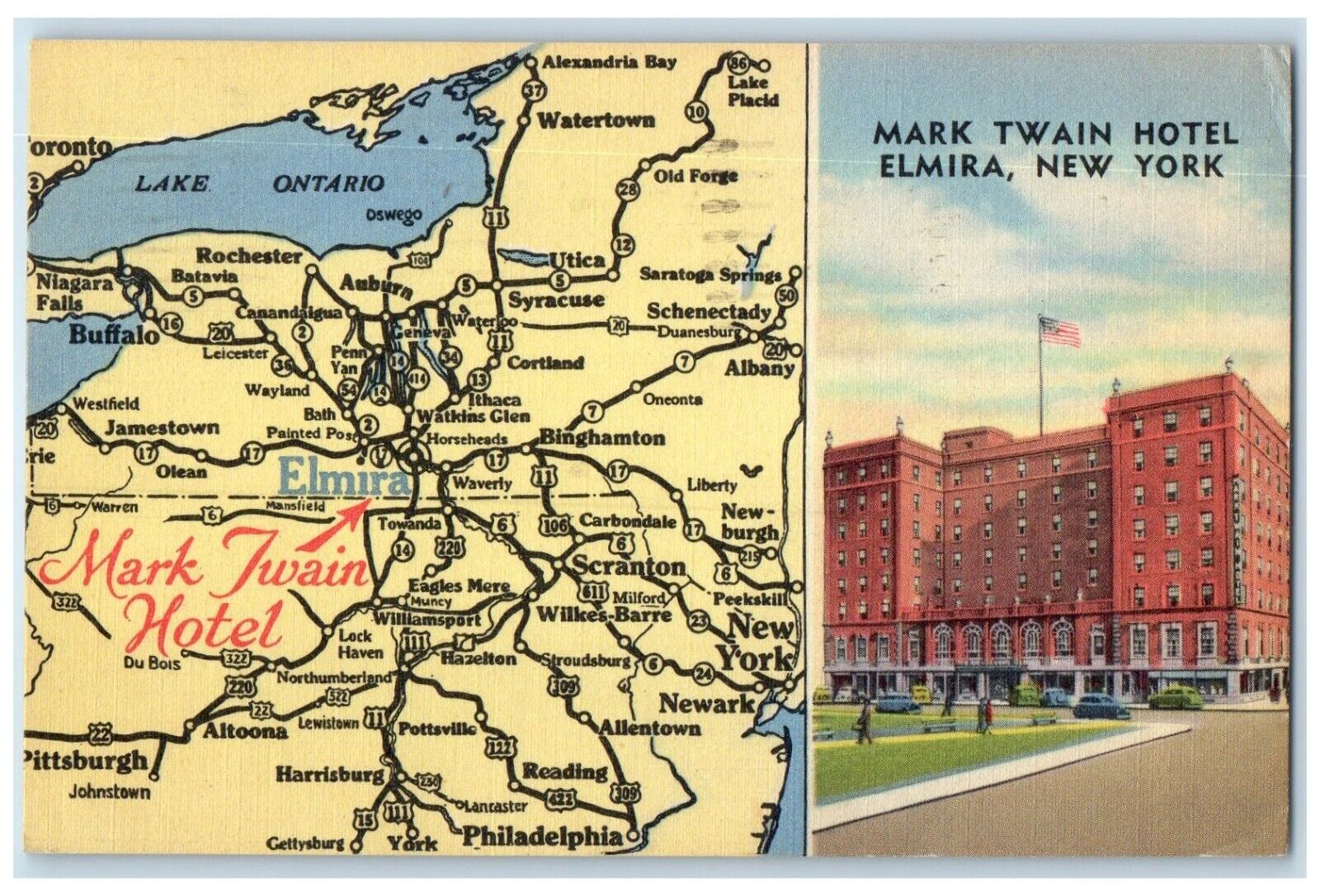 1950 Mark Twain Hotel Building Elmira New York NY Map Posted Vintage Postcard