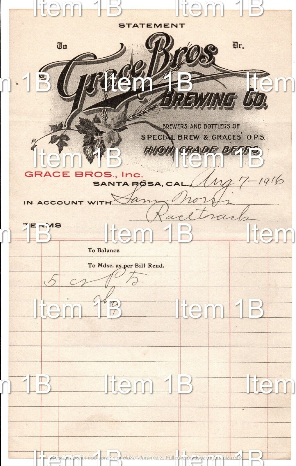 Vintage Grace Bros. Brewing Co. 1916 Billing Statement Santa Rosa CA Item1B