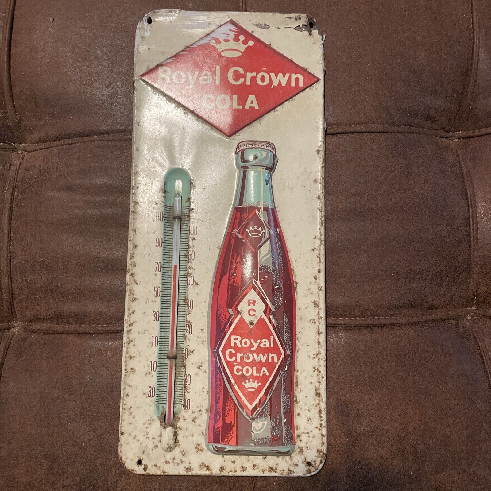 1950s Original Vintage Royal Crown Cola Sign Metal RC Thermometer Gas Station
