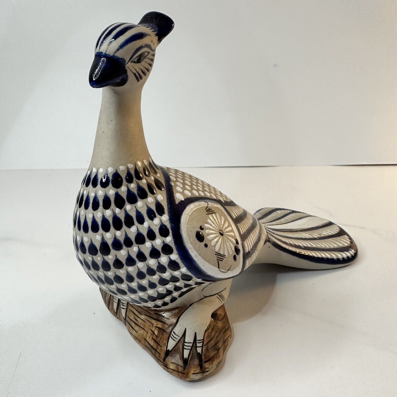 Beautiful Mexican Tonala Pheasant Bird Blue White Hand Painted Textured Folk Art