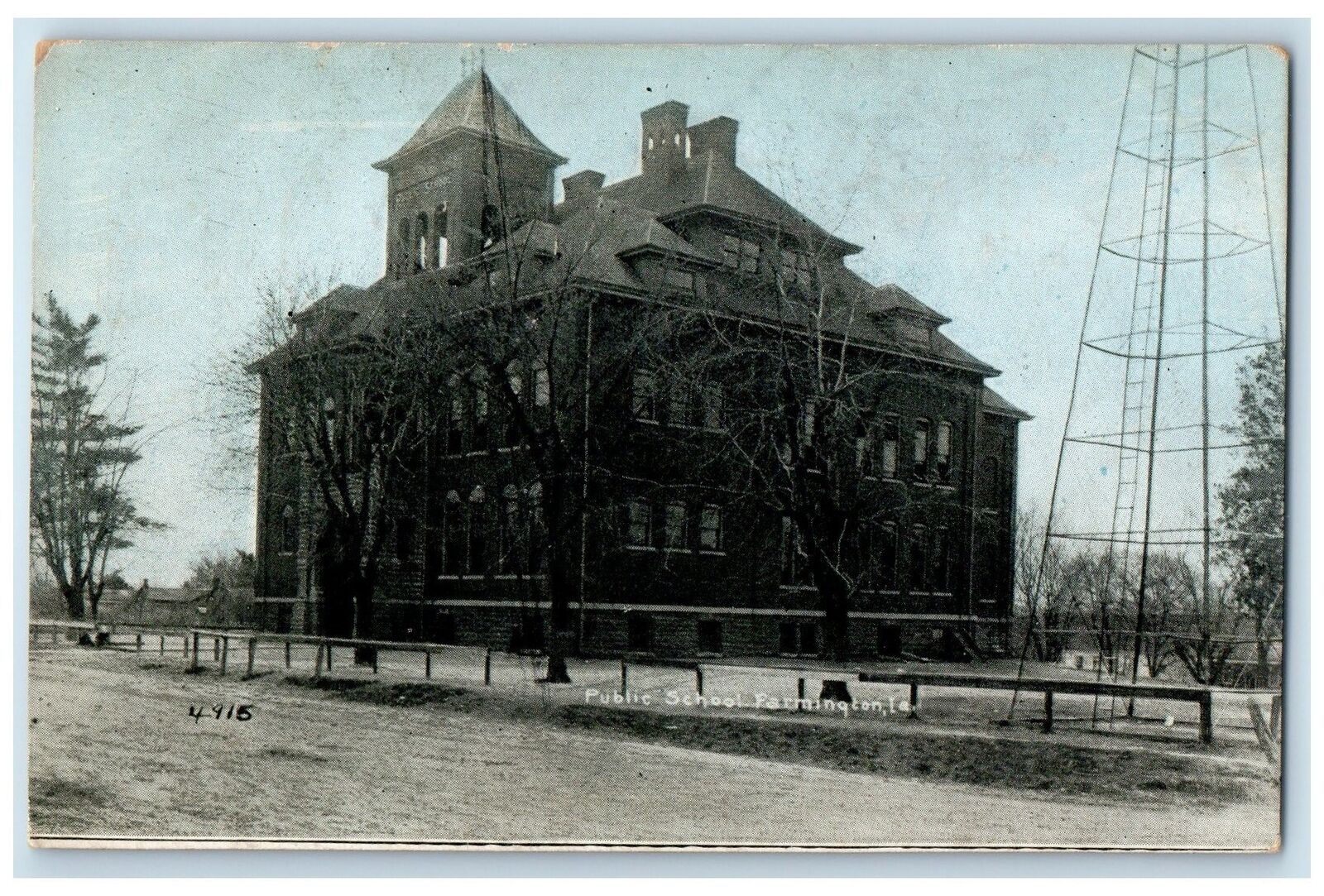 1909 Public School Campus Building Tower Dirt Road Farmington Iowa IA Postcard