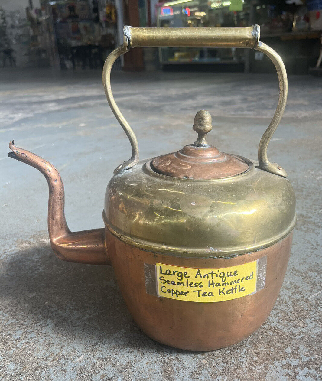 Antique Seamless Hammered Copper Tea Kettle Large