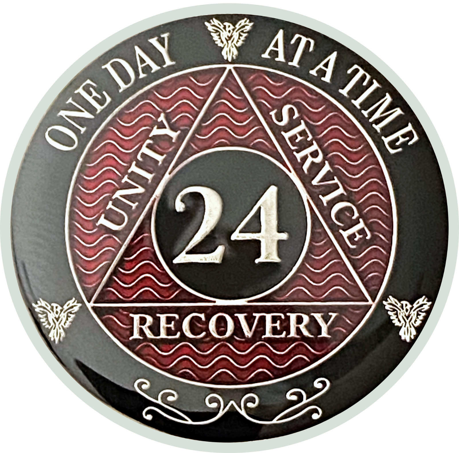 AA 24 Year Coin Red, Silver Color Plated Medallion, Alcoholics Anonymous Coin