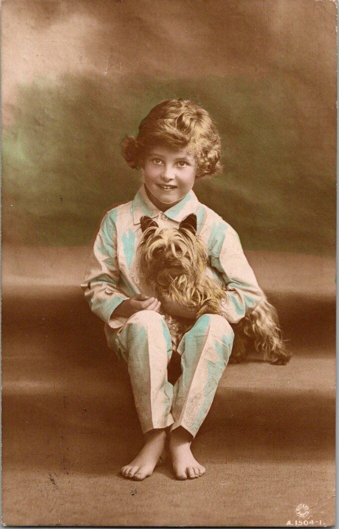 Antique Postcard 1915 Young Boy Yorkshire Terrier Dog RPPC Rotary Handpainted