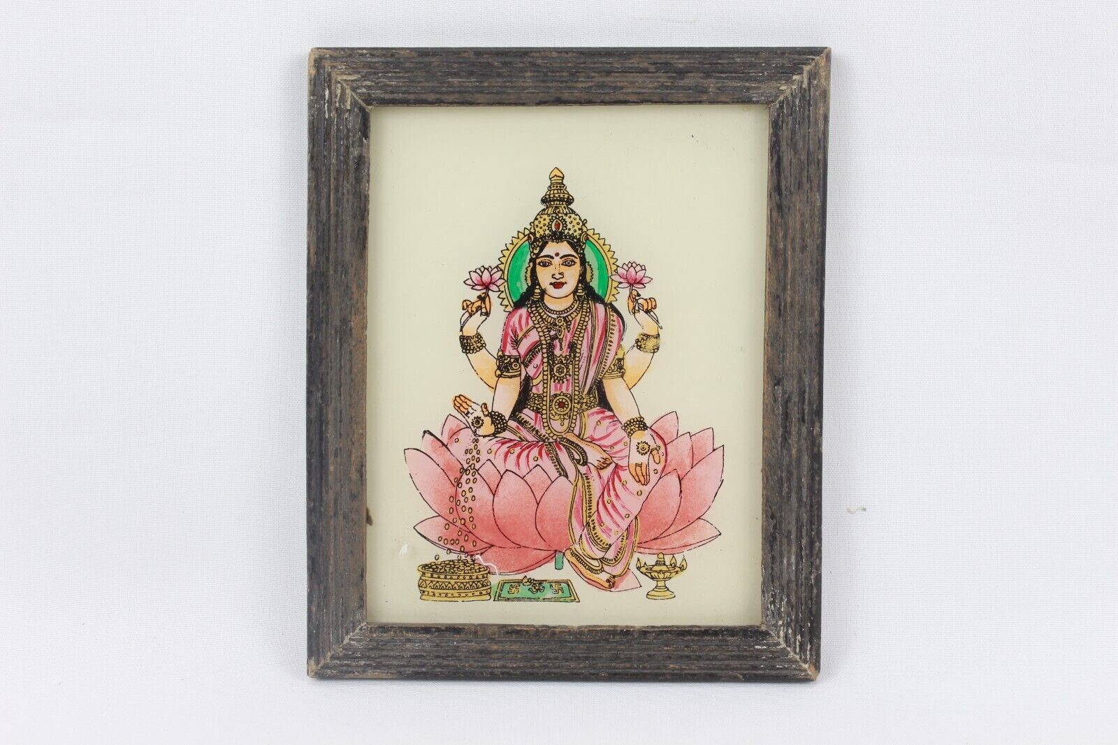 Reverse Glass Painting Old Miniature Art Mother Goddess Laxmi Ji Photo Framed