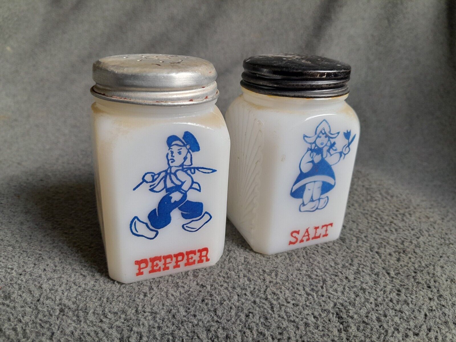Vintage 1930s Milk Glass Dutch Boy & Girl Salt And Pepper Shakers Odd Set