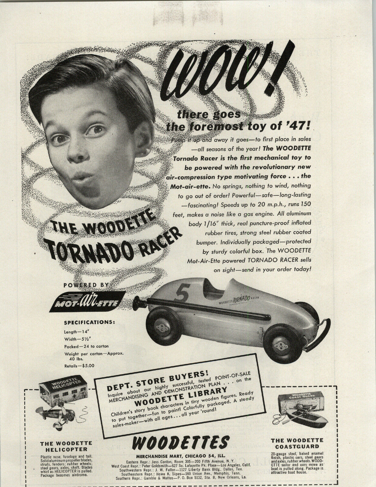1947 PAPER AD Woodettes Tornado Racer Toy Race Car Trudy 3 in 1 Doll Dolls