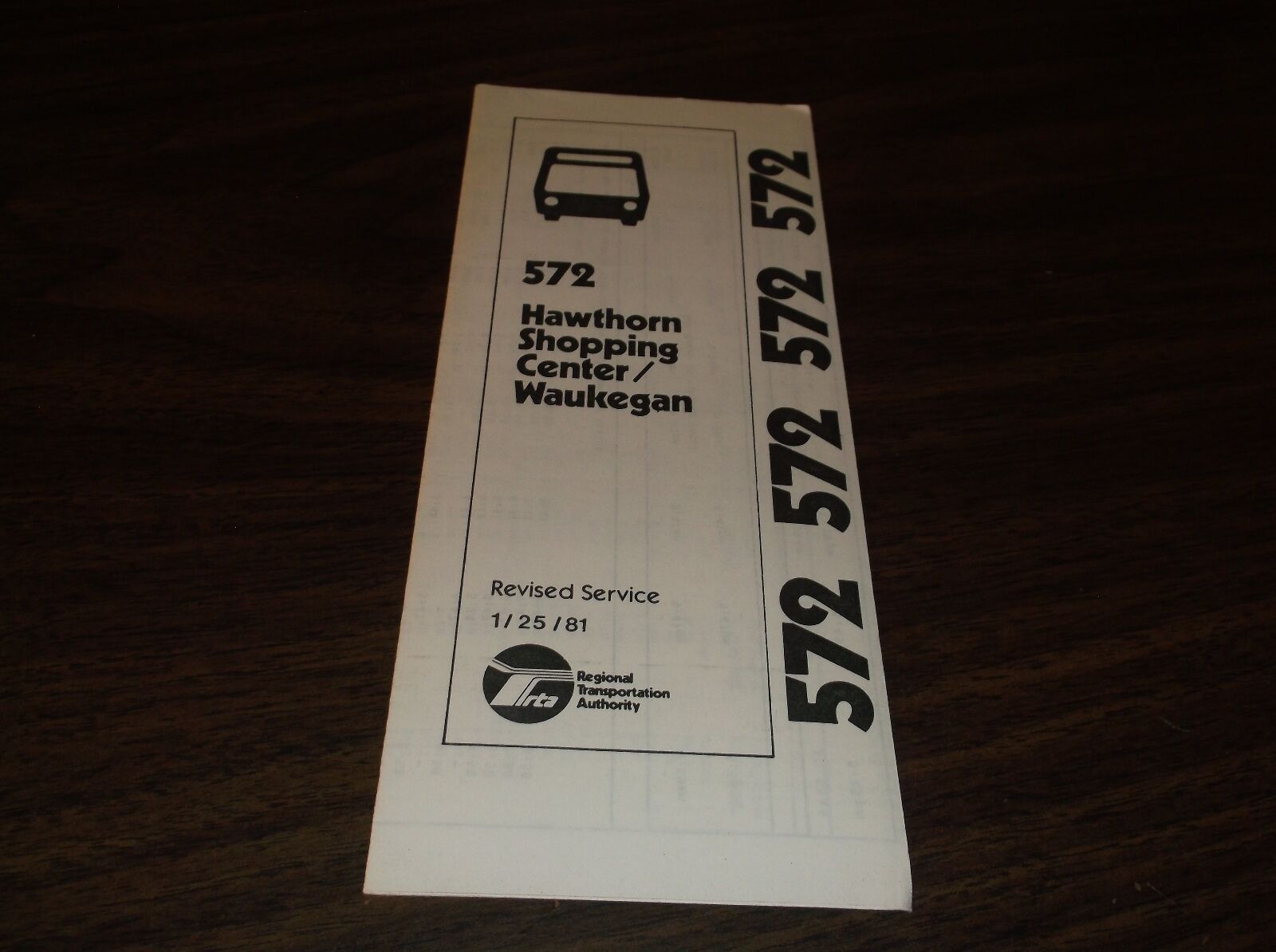 JANUARY 1981 CHICAGO RTA ROUTE 572 HAWTHORN SHOPPING WAUKEGAN BUS SCHEDULE