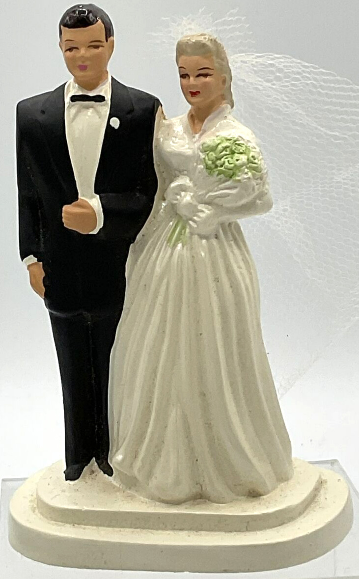 Vintage Mid-20th Century Chalkware Wedding Cake Topper Bride Groom Veil Tux