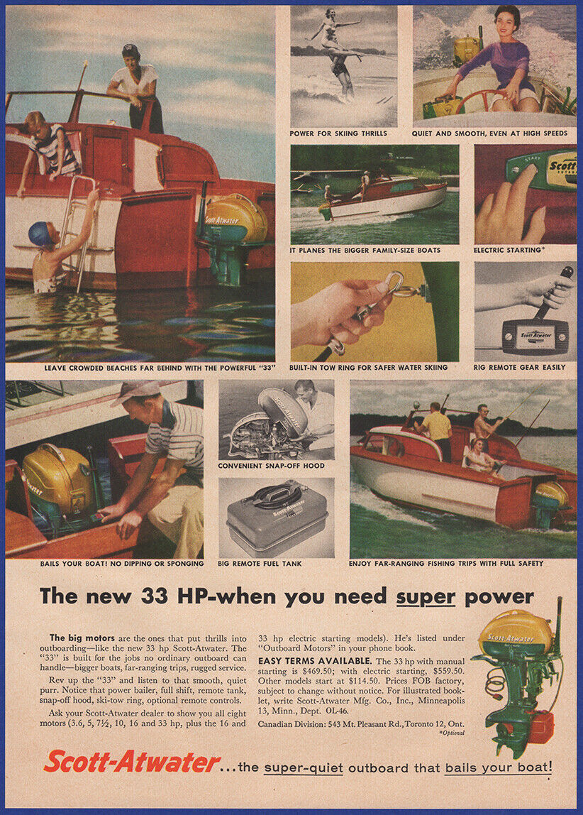 Vintage 1956 SCOTT-ATWATER Outboard Motors Boating Ephemera 1950\'s Print Ad