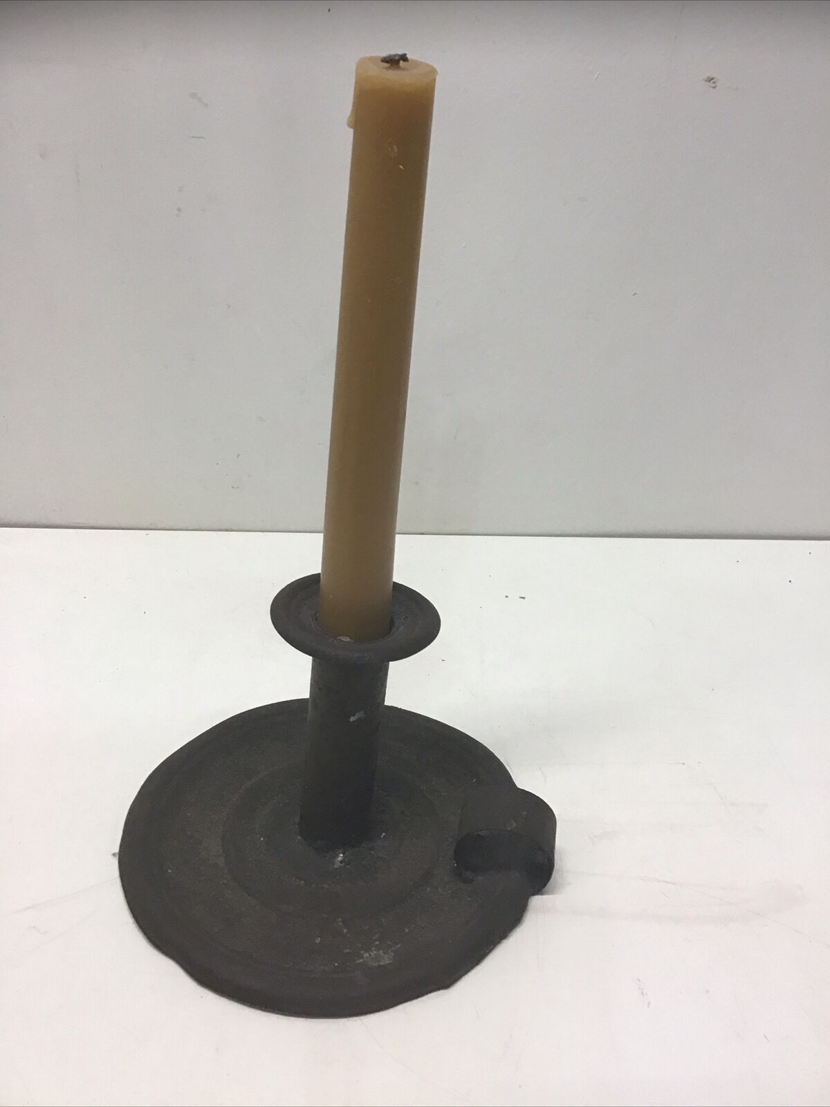Antique 1800's Farmhouse Primitive Tin Chamber Stick Candle Holder With Candle