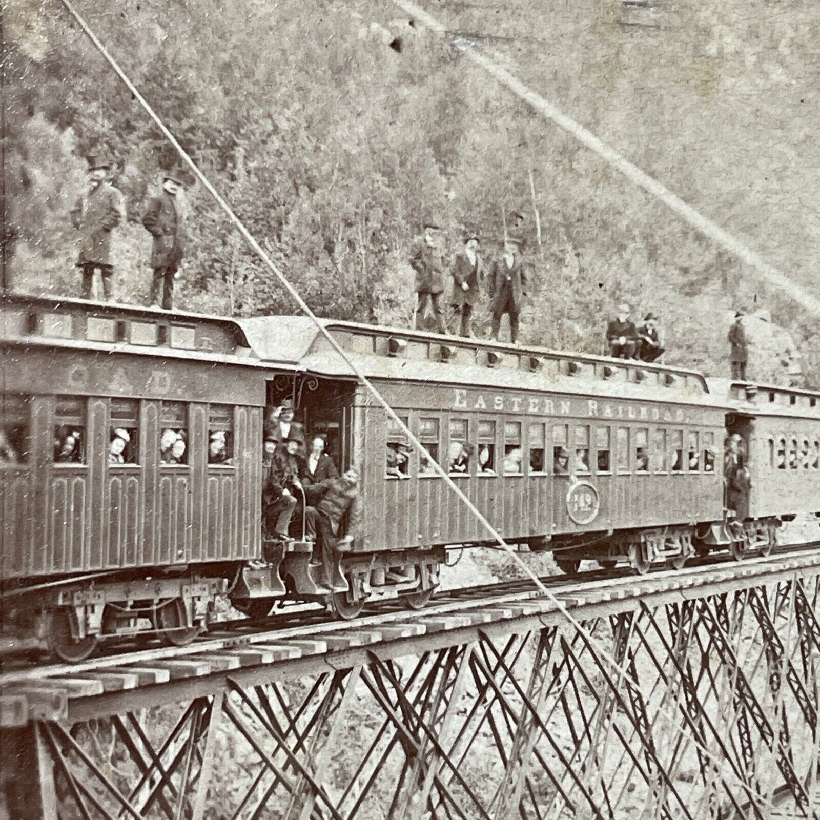 Antique 1870s Men Standing On Train Frankenstein NH Stereoview Photo Card V1839