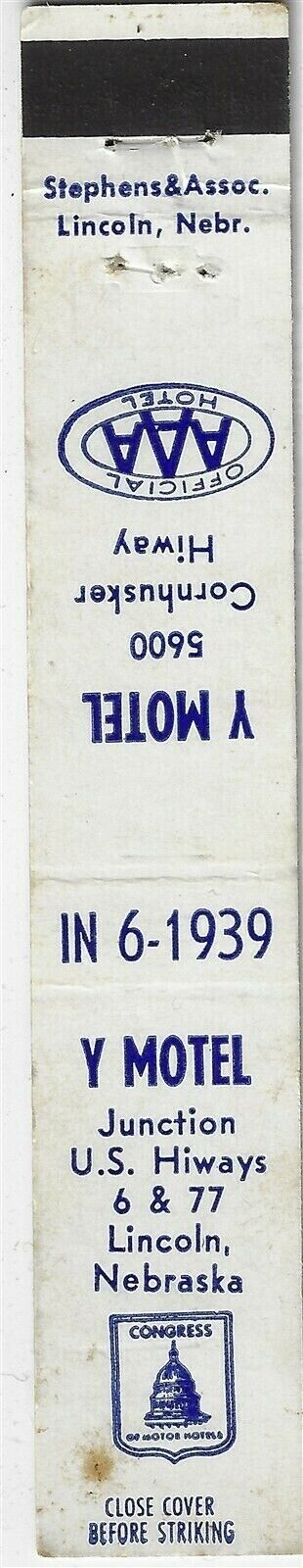 Front 10S Empty Matchbook Cover Y Motel Lincoln Nebraska Hiway 77