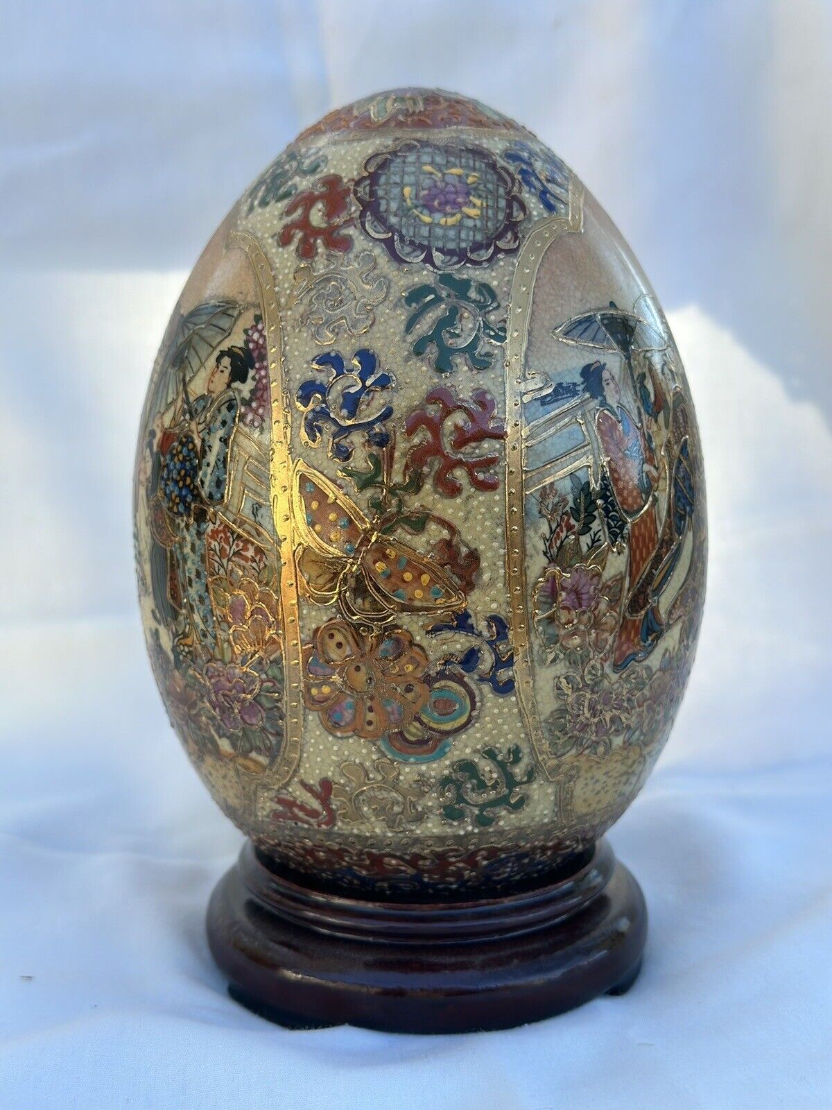 Vintage  Larger Satsuma Chinese Egg / 6” Tall / 1” Wood Base