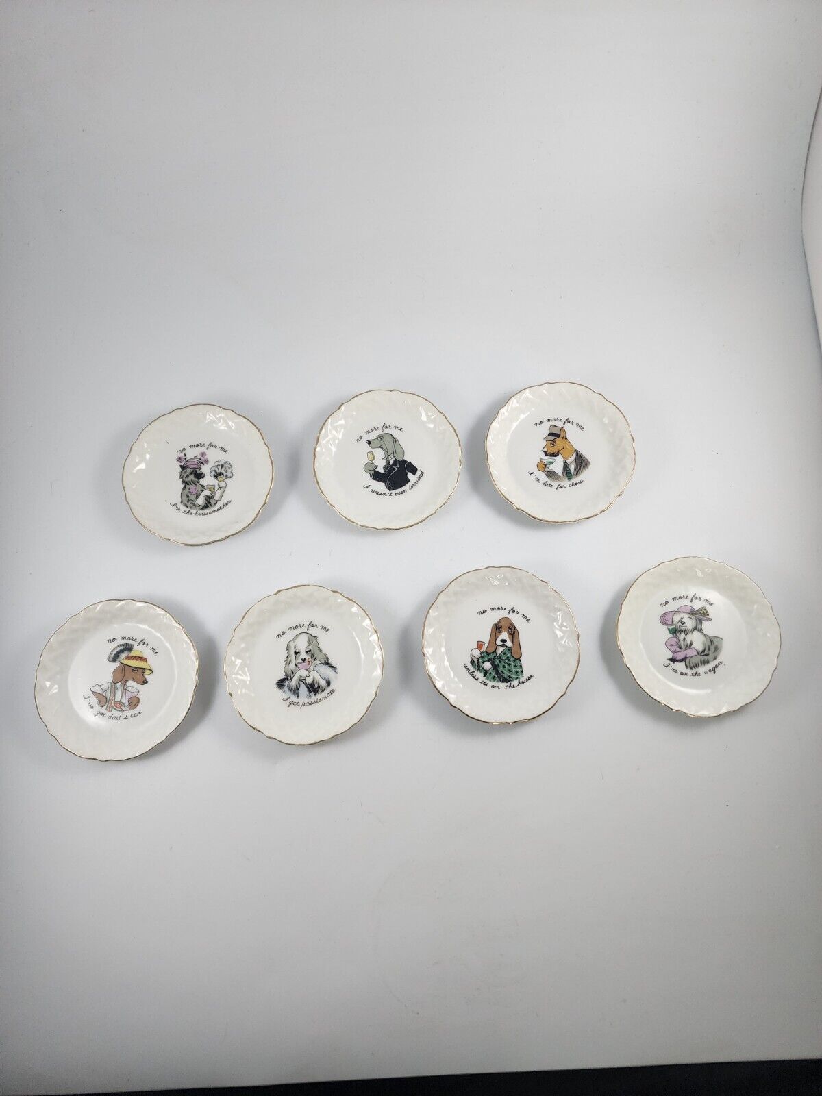 Vtg Set 7 Dogs Drinking Cocktail Mini Plates Trinket Dish Ardalt Japan Porcelain