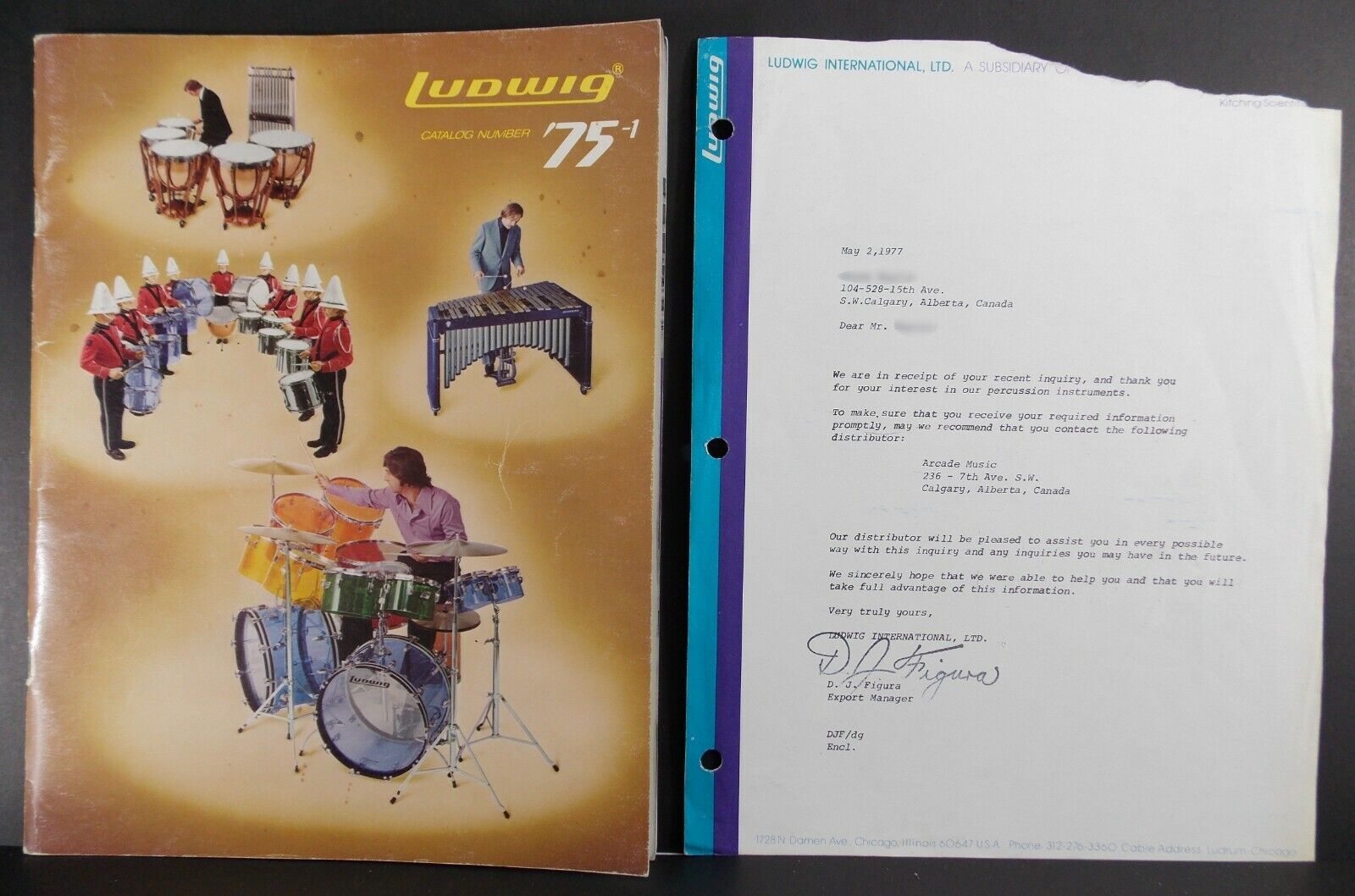 LUDWIG 1975 Drum Catalog and 1977 Original Letter Fr Ludwigs DORIAN FIGURA 2 LOT