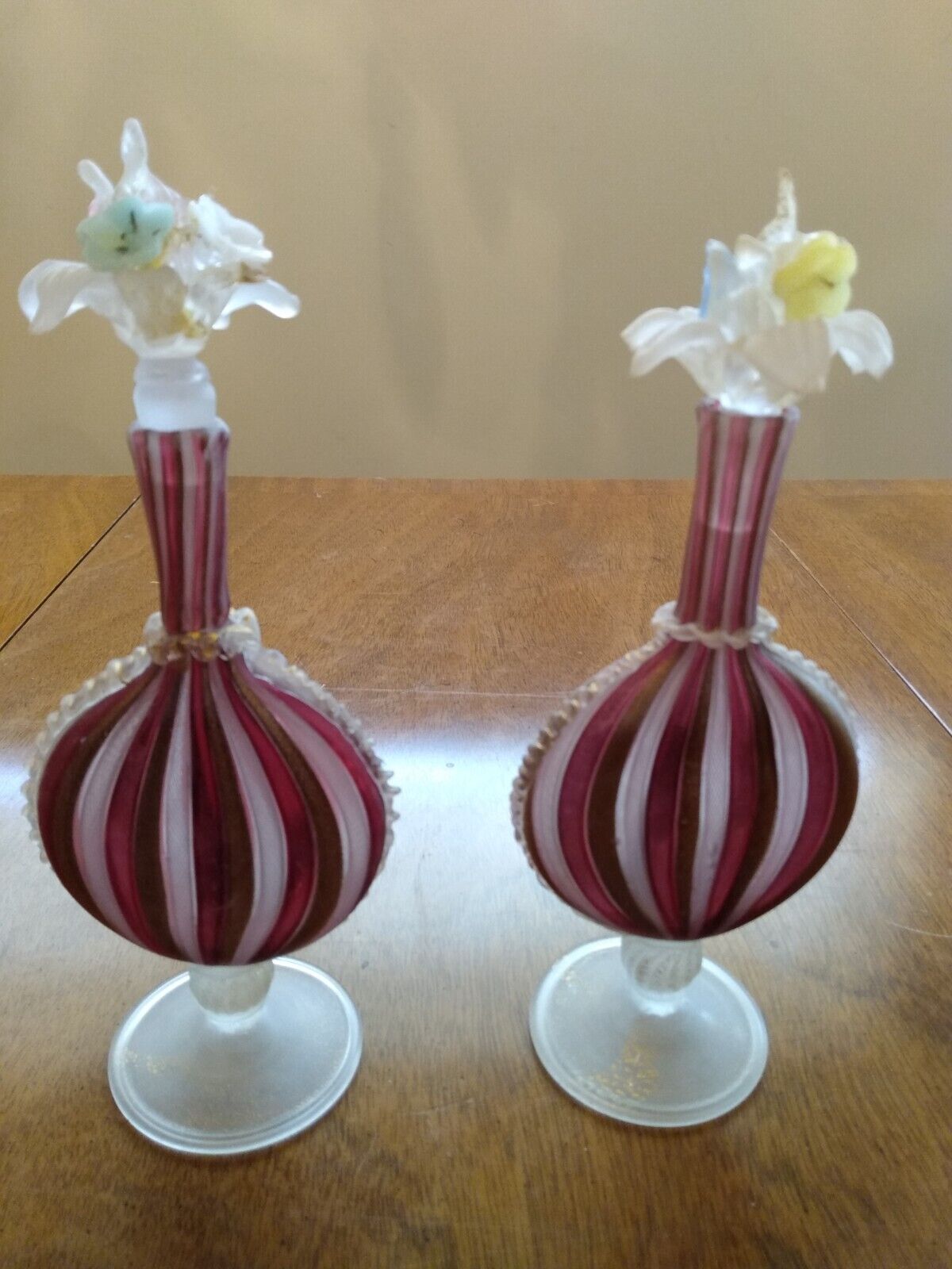 Rare Pair Murano Venetian Glass Ribbon Vases/Bottles