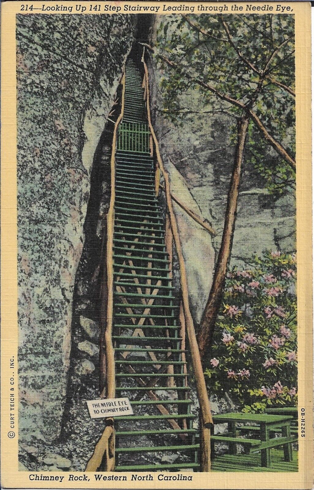 North Carolina Postcard Chimney Rock Needle Eye Linen Curt Teich 1944 Posted