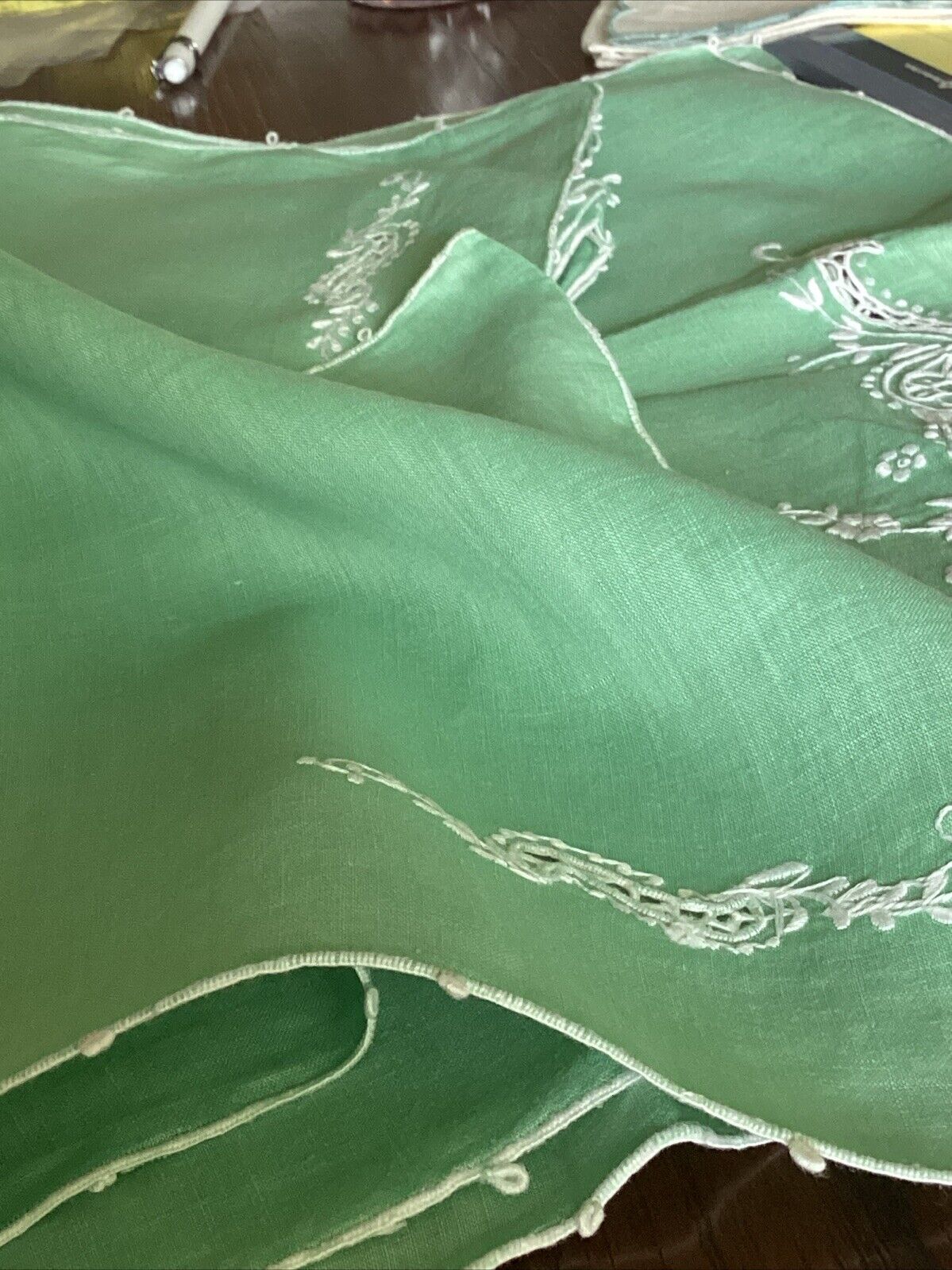 9 PC Set Vintage Jade Green Fine Linen RUNNER & 8 PLACEMATS Cutwork Embroidery