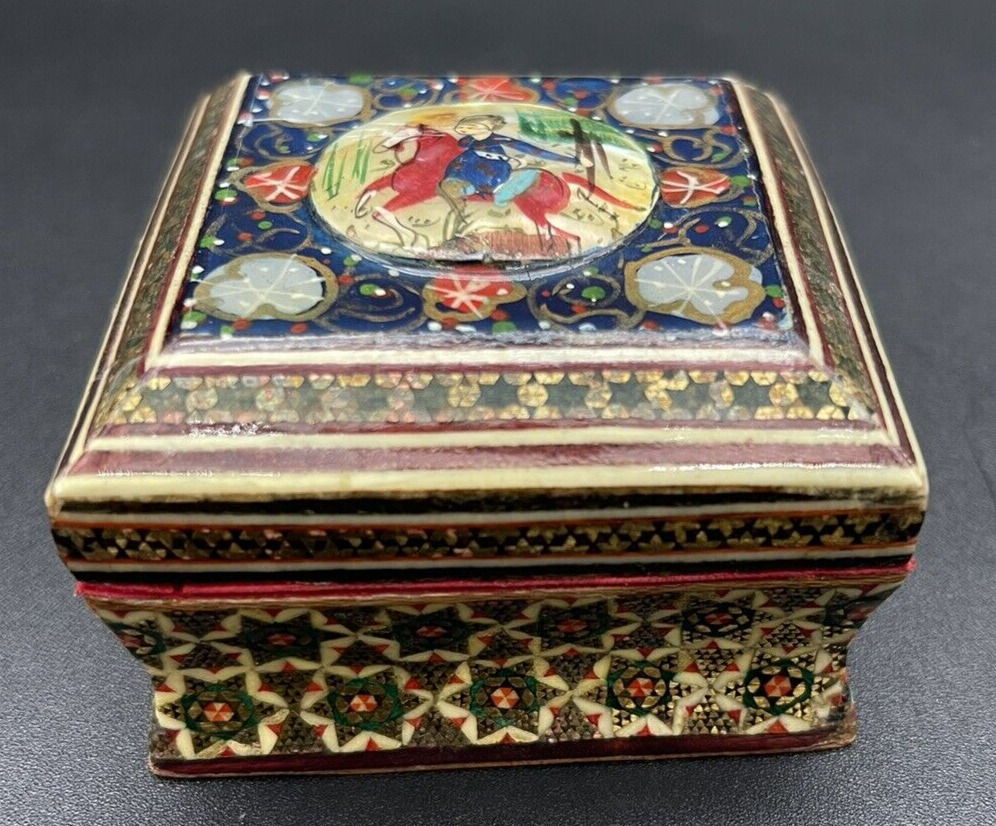 VTG Persian Khatam Wood Small Jewelry Box With Inlay Marquetry Micro Mosaic READ