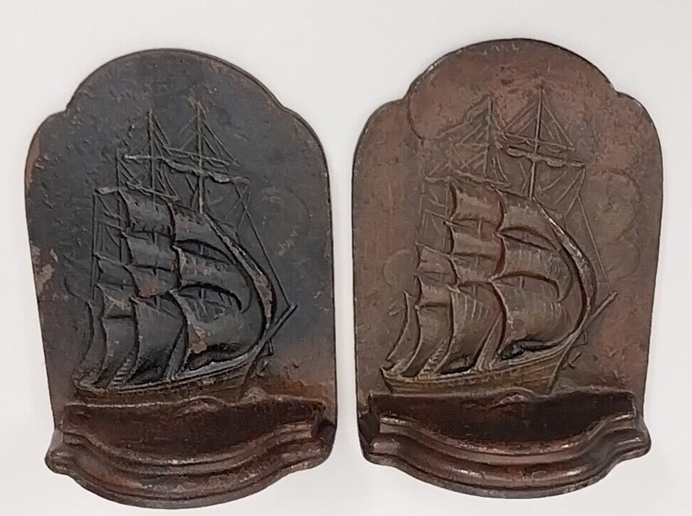 Albany Foundry Vintage Cast Iron Schooner Ship Bookends Excellent & Amazing