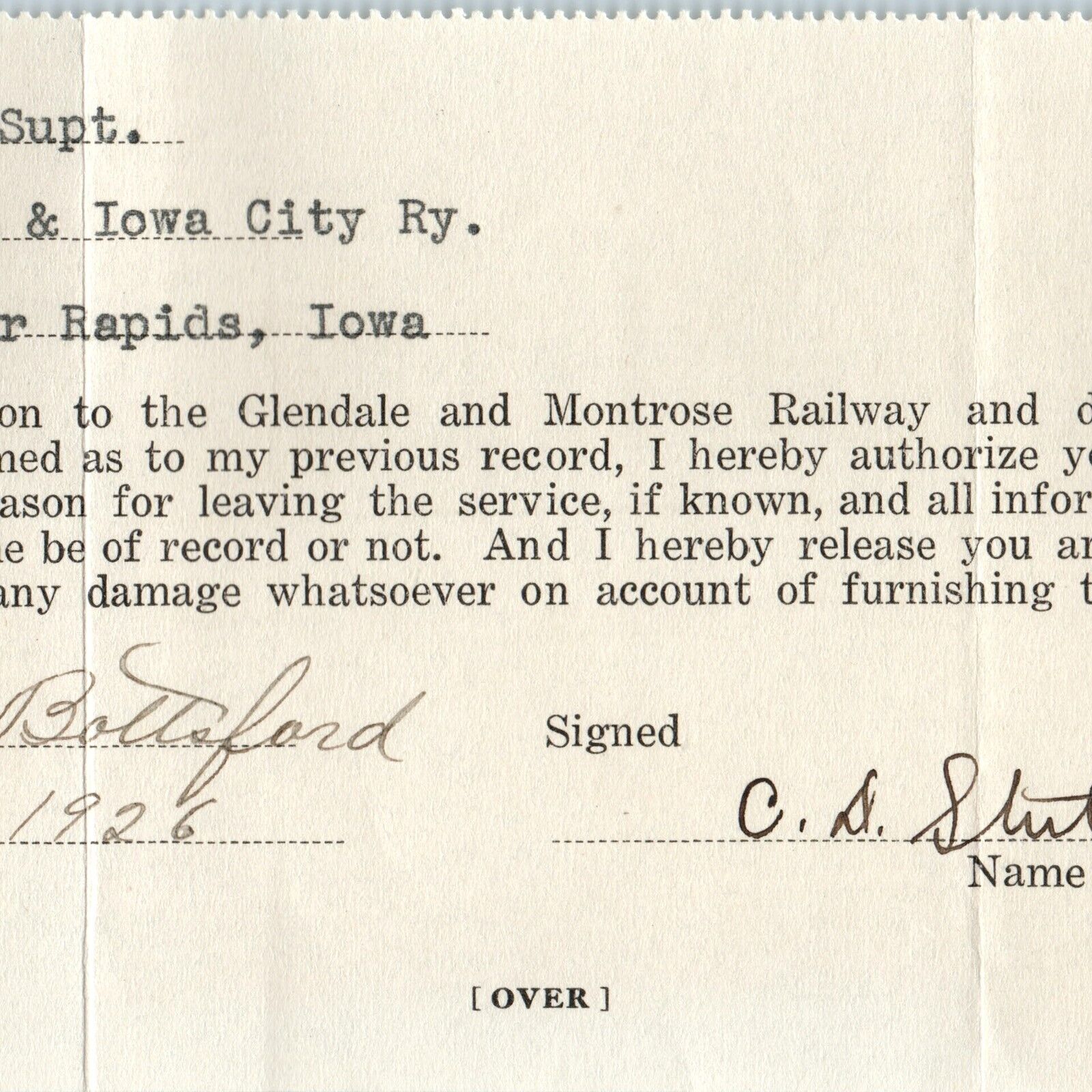 11926 Cedar Rapids IA EF Winslow Glendale Montrose Railway Paper Iowa City Ry 3G