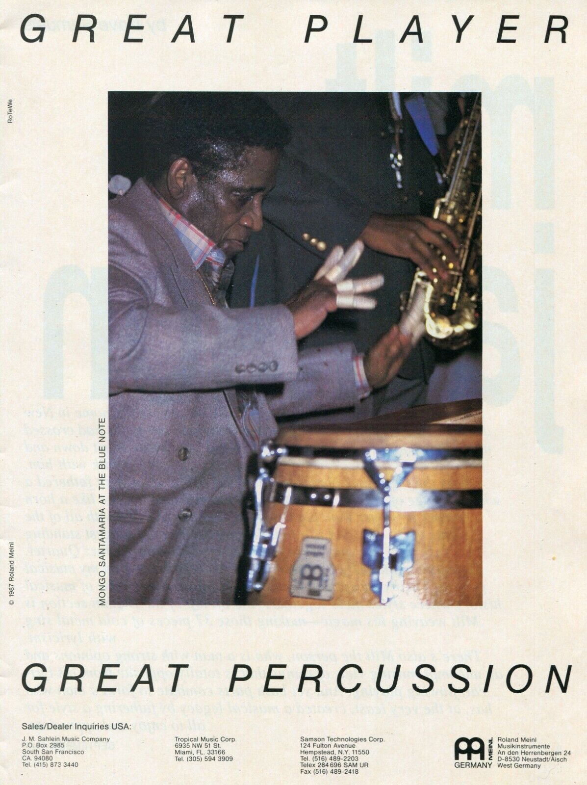 1987 Print Ad of Meinl Percussion w Mongo Santamaria at The Blue Note