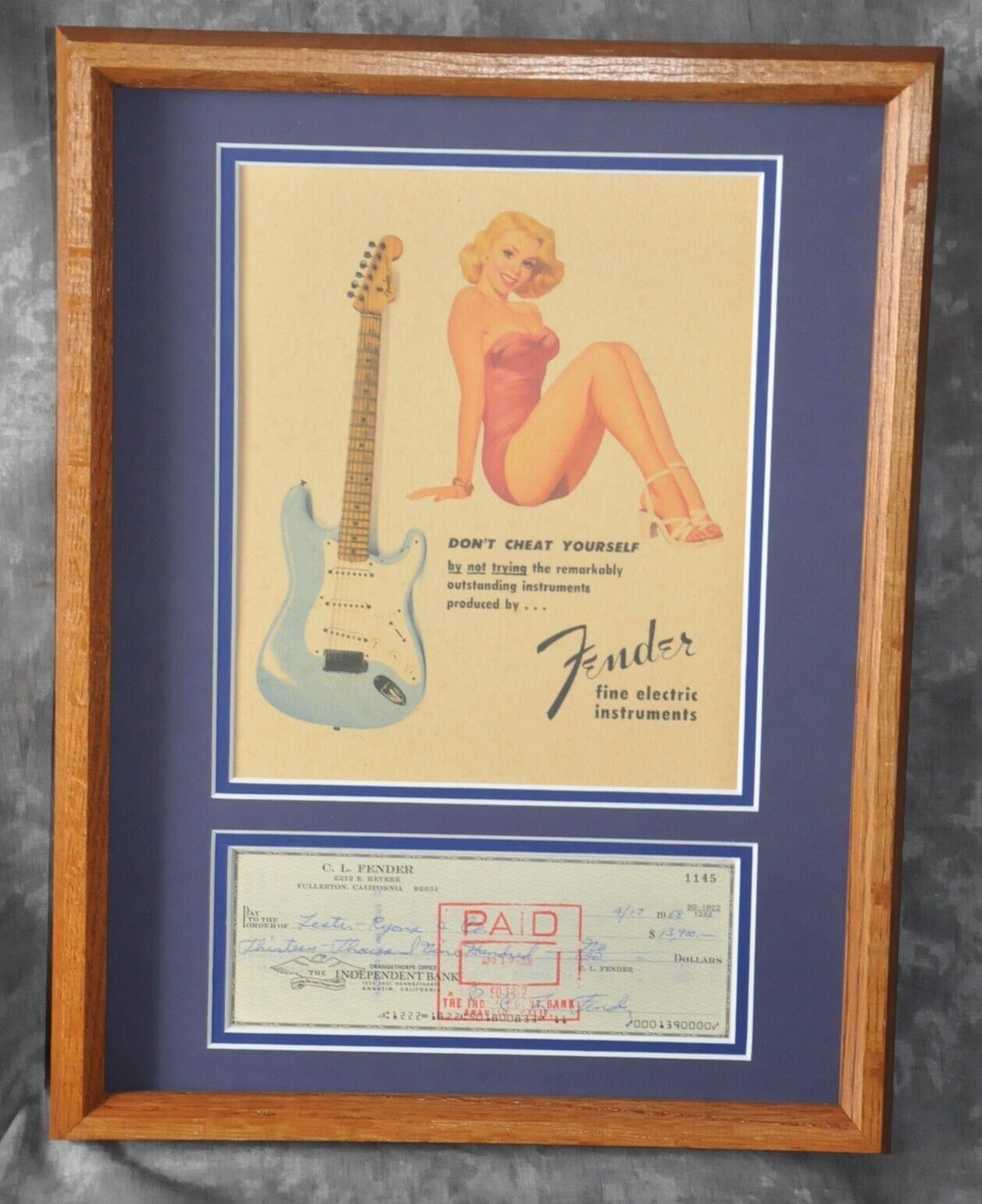 Leo Fender Signed Autographed 1968 Business Check w/ Stratocaster Pin-Up Print