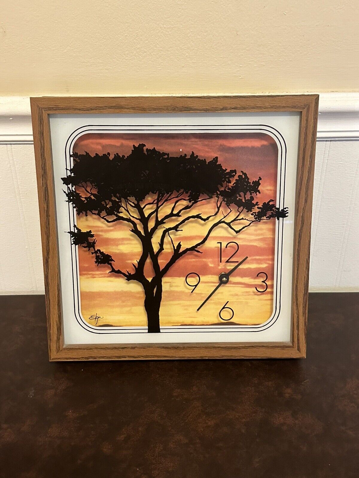 Vintage Elgin Shadow Box Framed Sunset Tree Wall Clock  Glass Painted Clock 70s