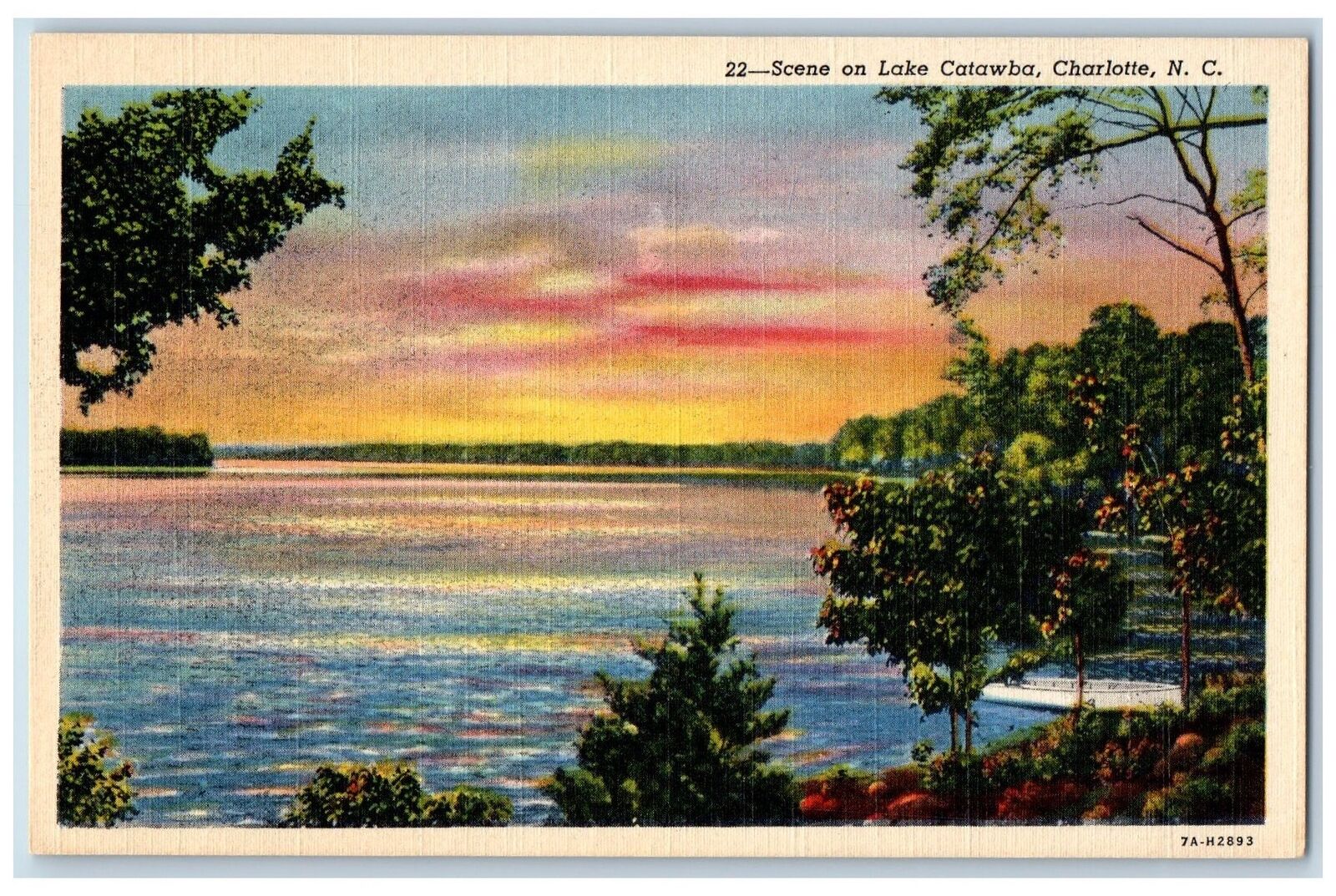 Charlotte North Carolina NC Postcard Scene On Lake Catawba Trees c1940s Vintage