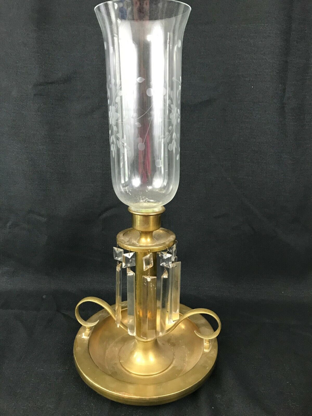 Vintage Antique Large Brass Candleholder with Etched Glass Shade Crystals Prisms