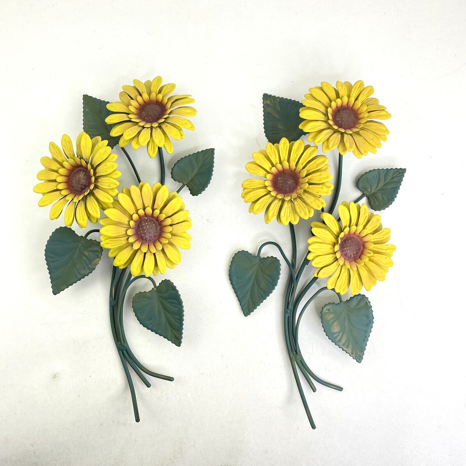 Vintage Metal Sunflowers Painted Wall Hanging Decor 16.5” x 9