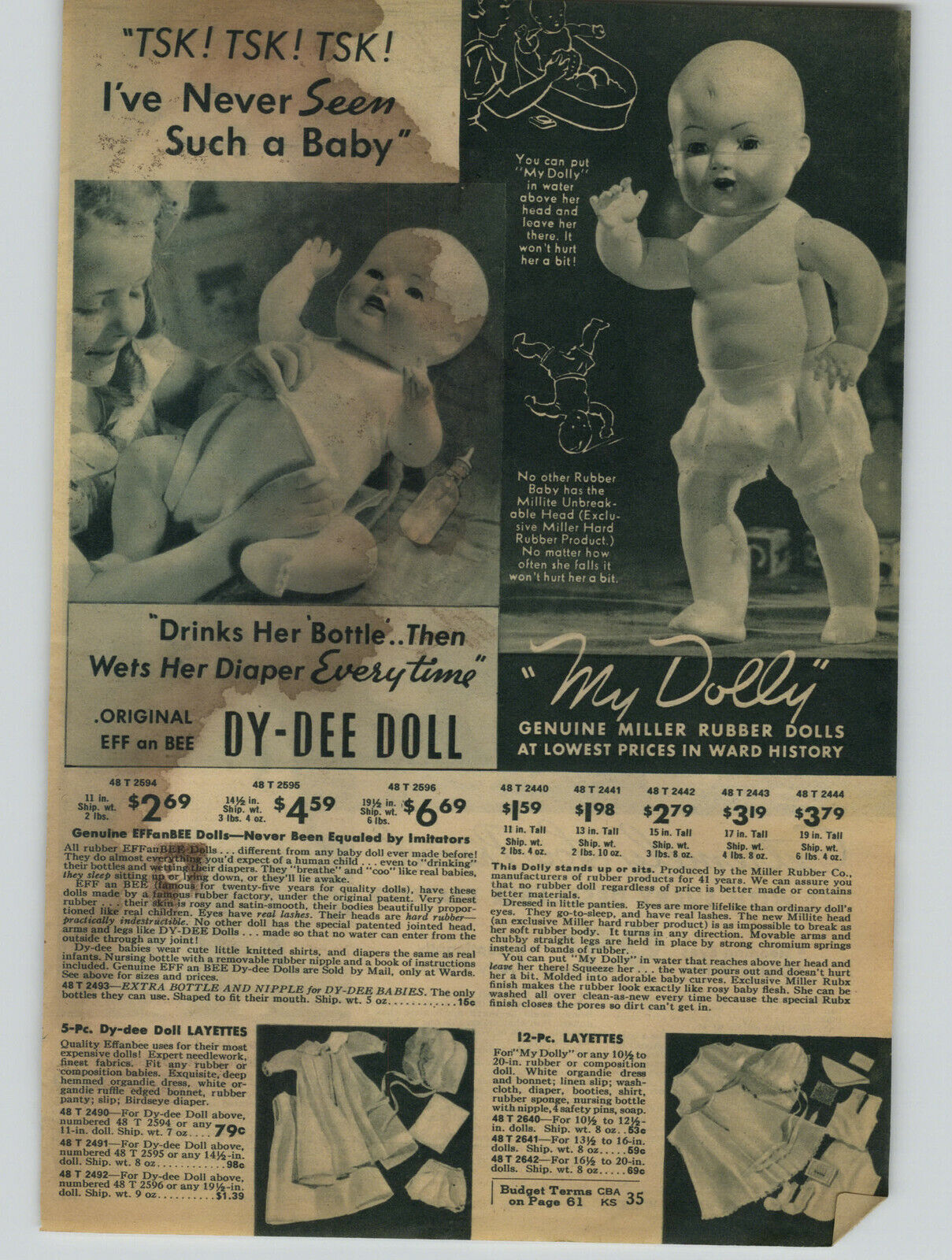 1935 PAPER AD Doll Effanbee Dy-Dee My Dolly Baby Girl Real Hair Miller Rubber