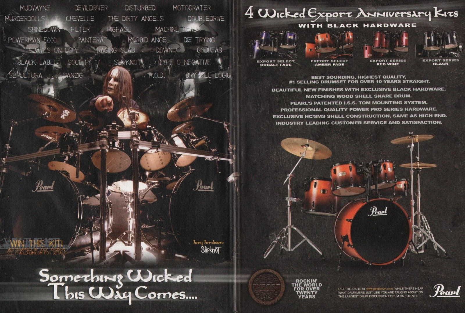 2004 2pg Print Ad of Pearl Export Anniversary Drum Kit w Joey Jordison Slipknot