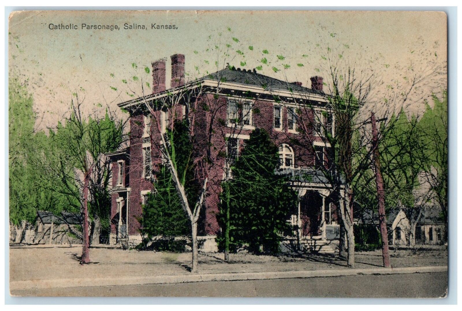 1910 Catholic Parsonage Exterior Roadside Salinas Kansas KS Posted Tree Postcard