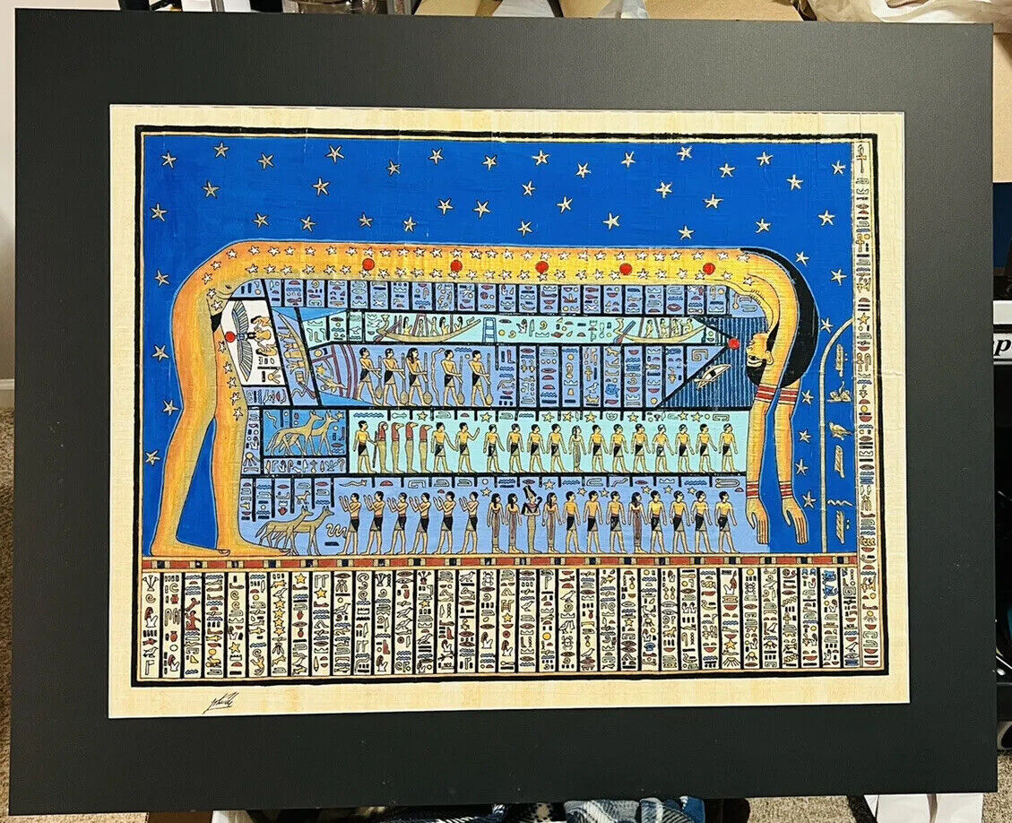 EGYPTIAN Art Painting of SKY GODDESS NUT on Papyrus SIGNED 30” X 23” Large