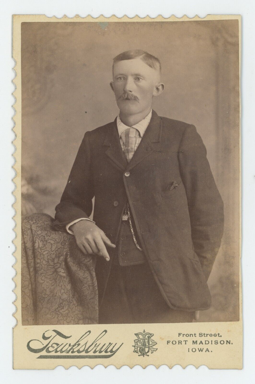 Antique c1890s Cabinet Card Handsome Man With Mustache in Suit Fort Madison, IA