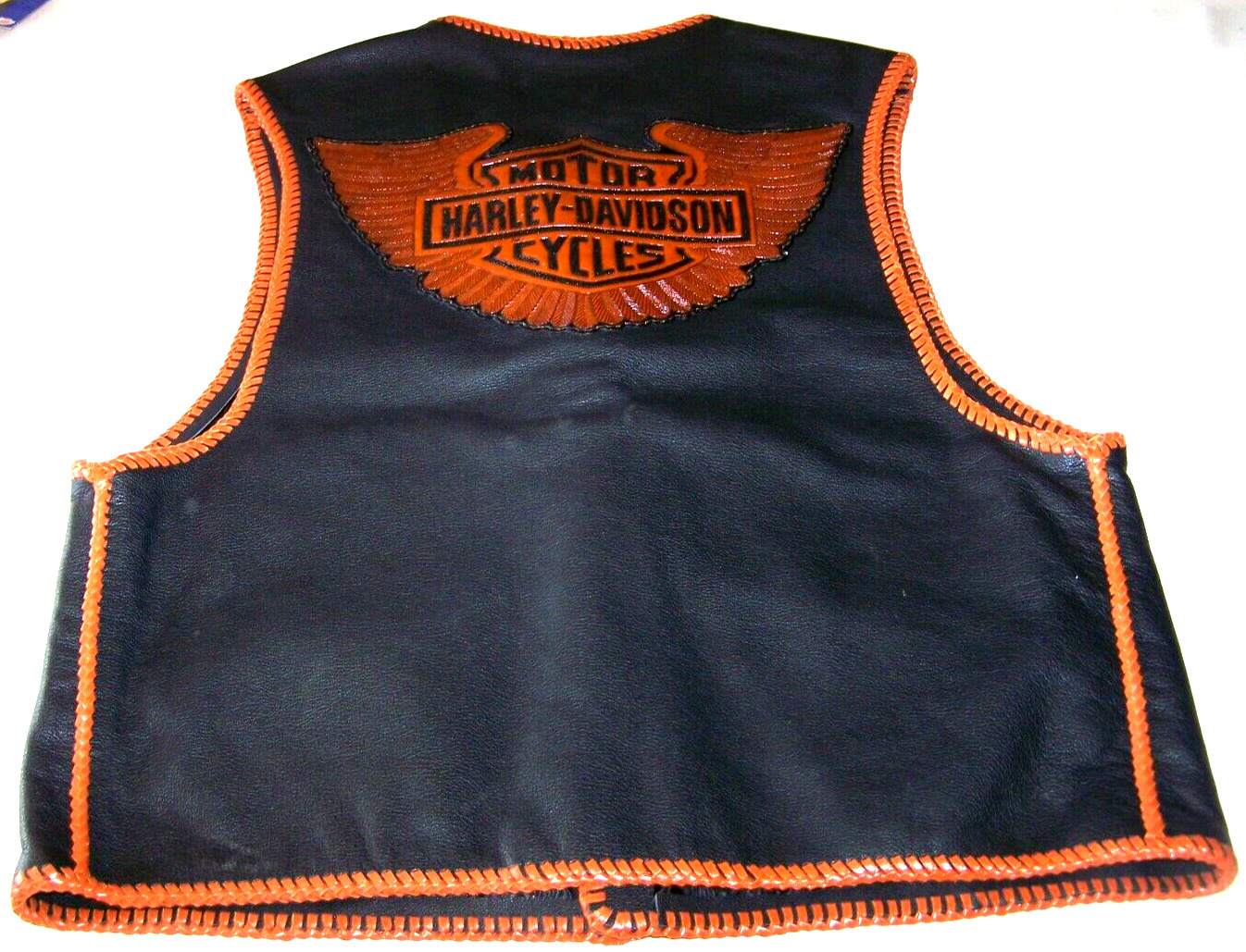 Vintage Custom Leather Harley Davidson Parade Vest W/ Tooled Wing Patch Size M/L