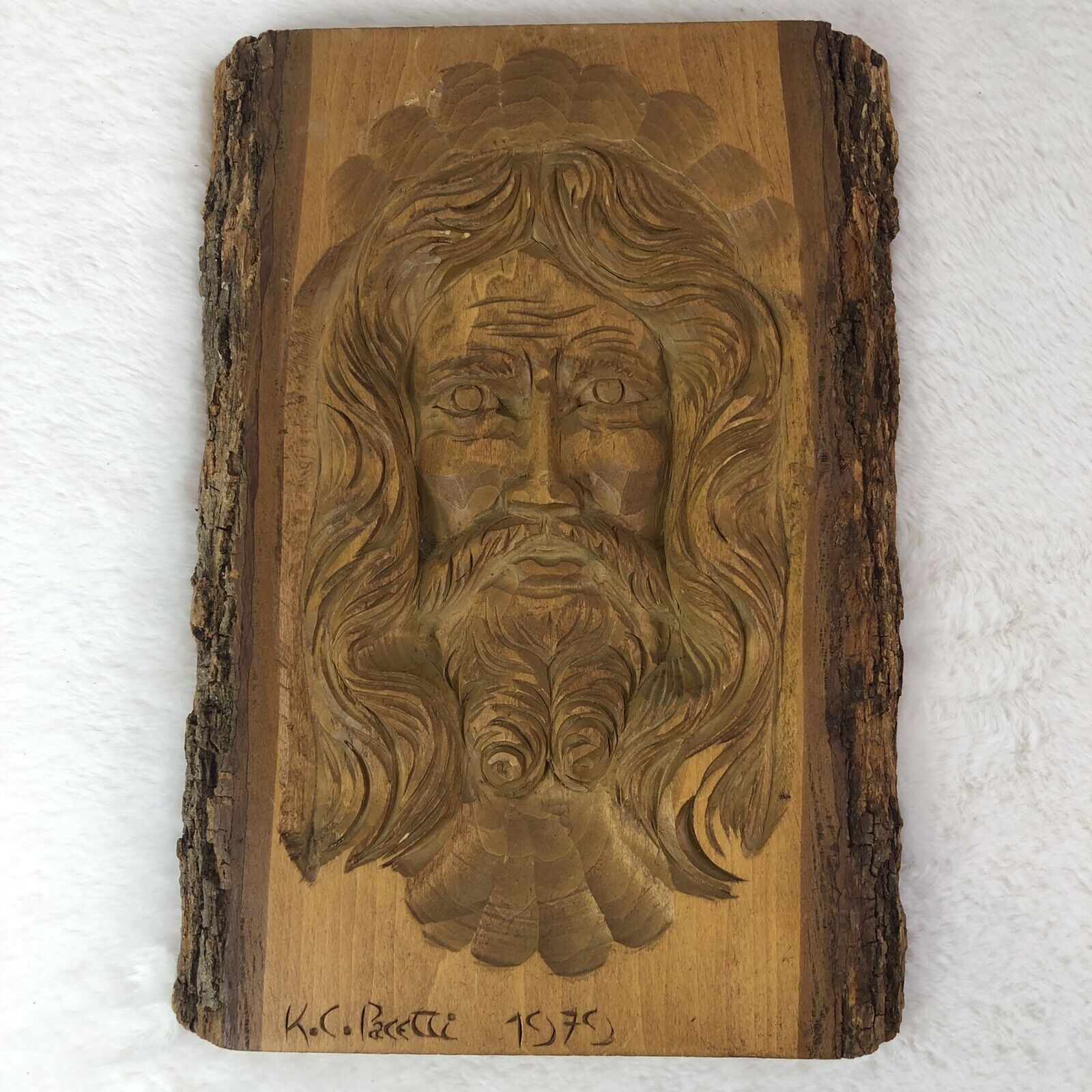 Vintage 1979 Folk Art Jesus Wood Hand Carved Relief  Carving Wooden Plank Plaque