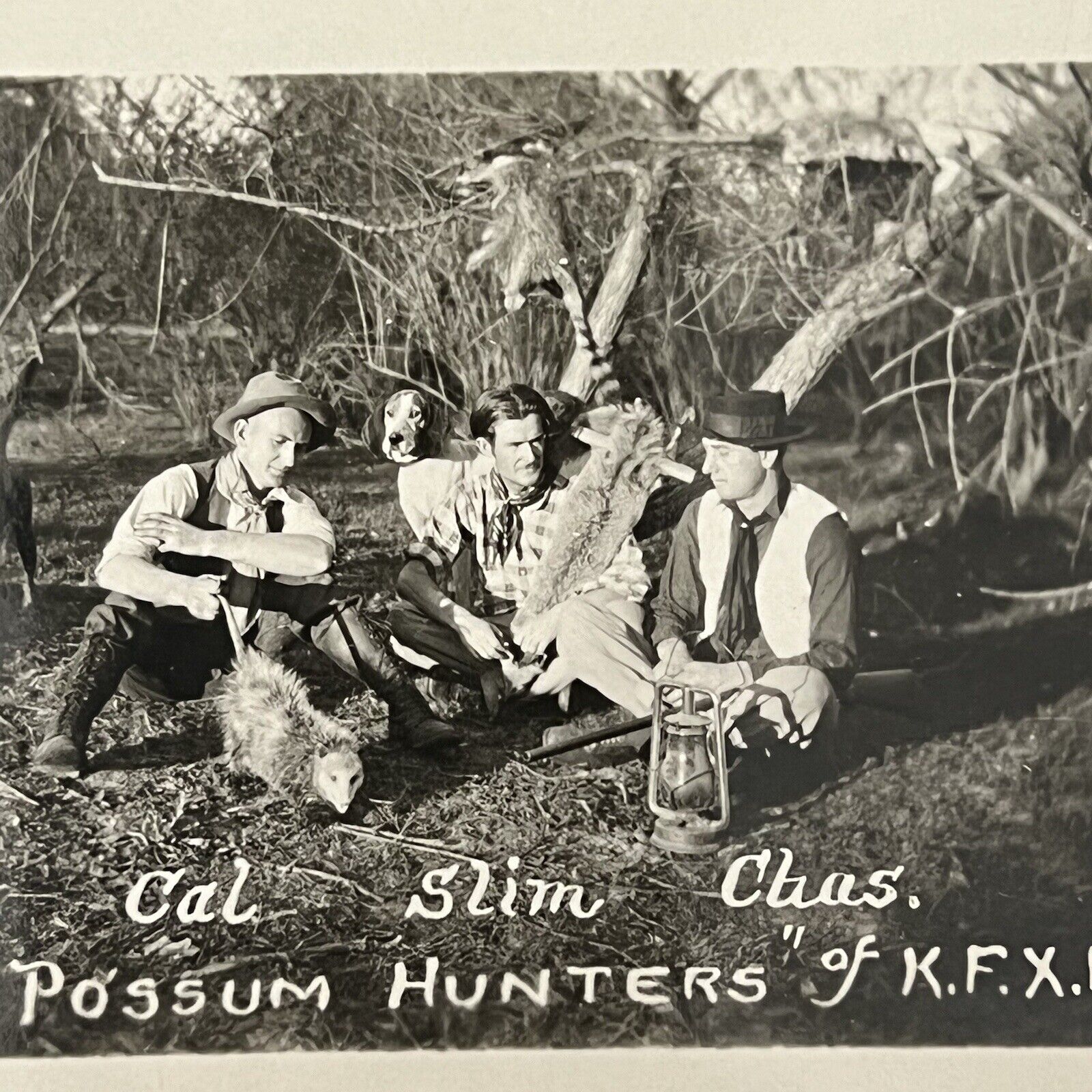 Vintage Snapshot Photograph Handsome Young Men Possum Hunters Hunting Dog Odd