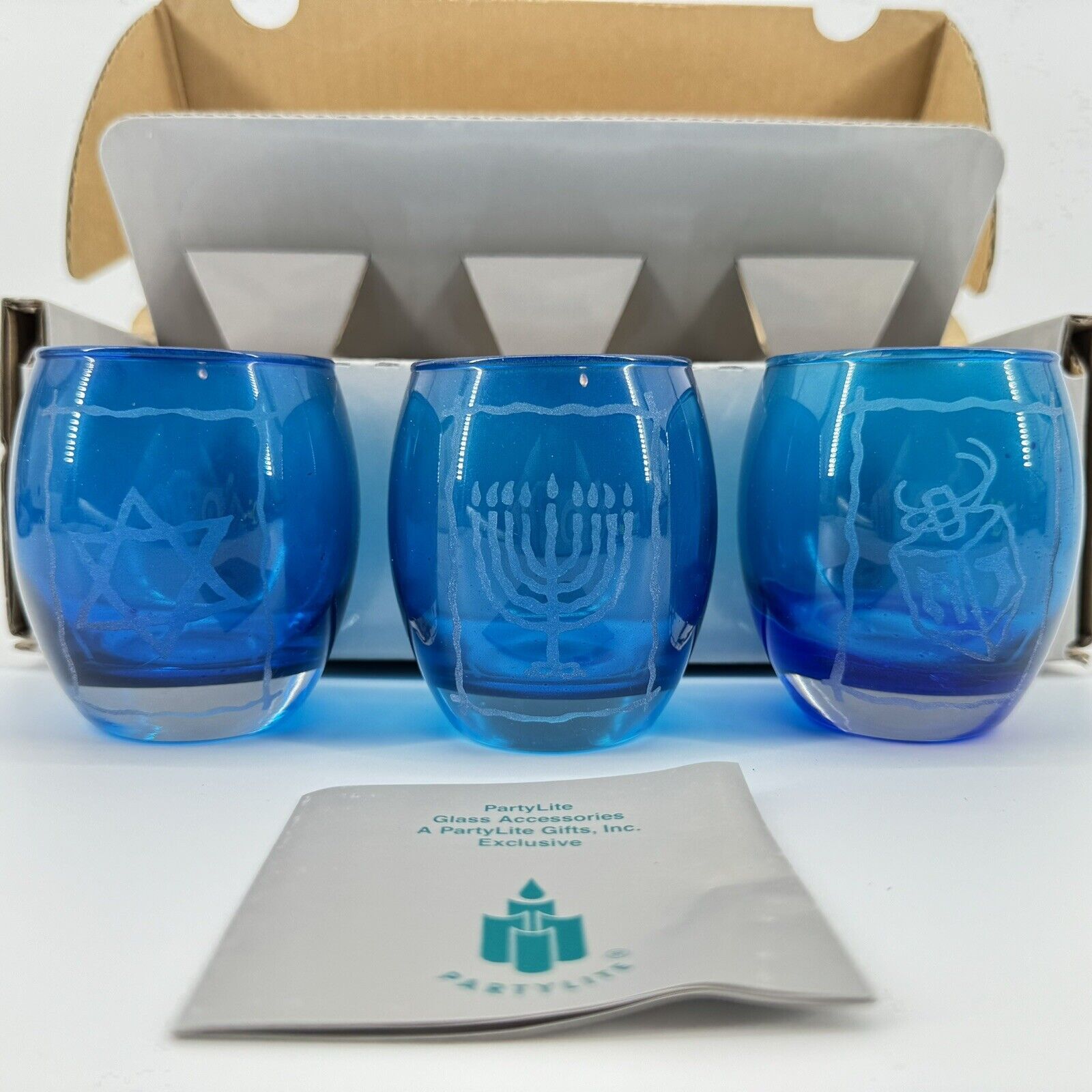 PartyLite Cobalt Blue Glass Hanukkah Candle Votive Trio Star Menorah Dreidel