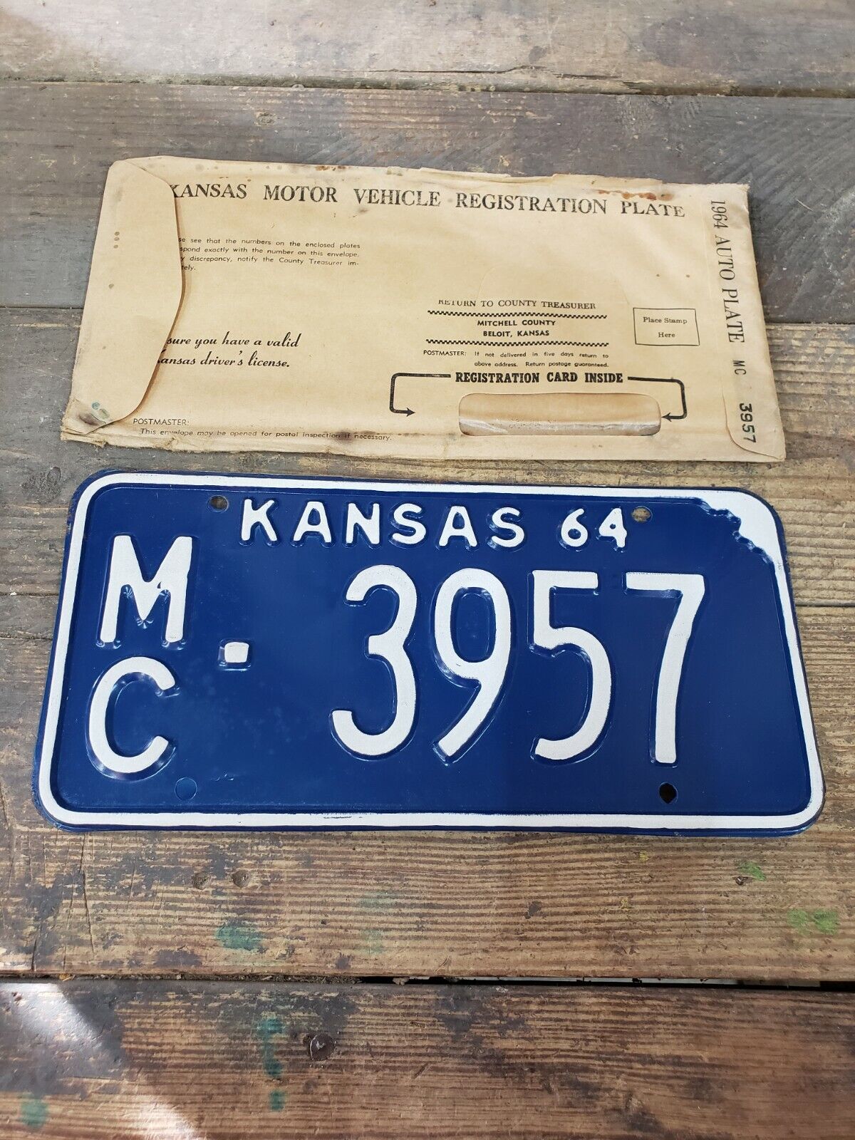 NOS 1964 KANSAS KS LICENSE PLATE TAG MC 3957 Mitchell County ANTIQUE Vintage NEW