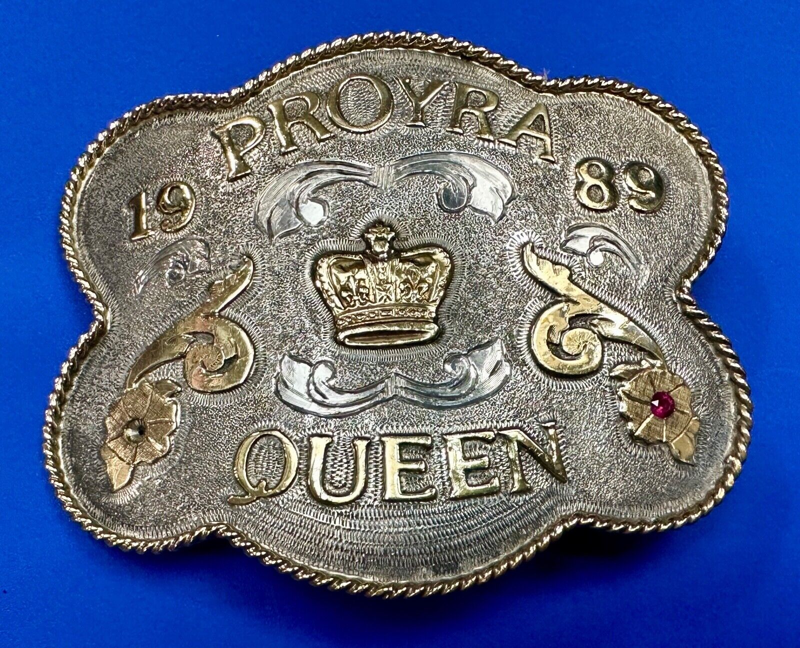 Large Pro Yra Queen 1989 Rodeo Trophy Award ornate ruby accented belt buckle