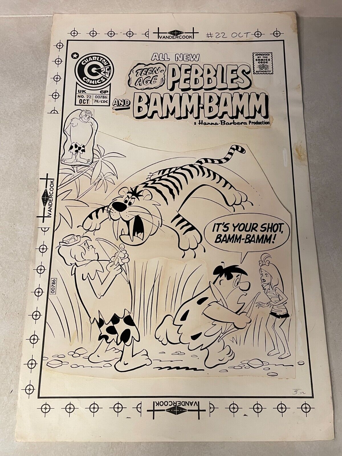 PEBBLES and BAMM BAMM #22 ART original stat COVER 1974 FRED FLINTSTONES Huge