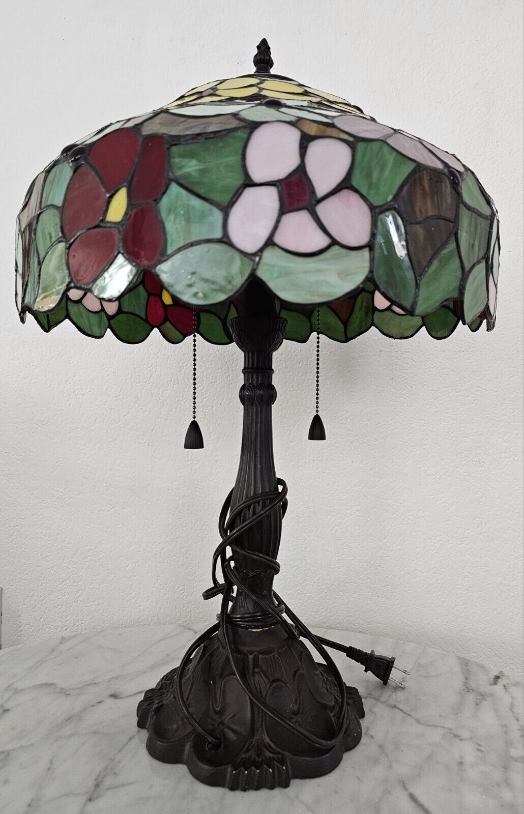 Vintage Attributed To Chicago Mosaic Pink Apple Blossom Leaded Lamp Very Nice